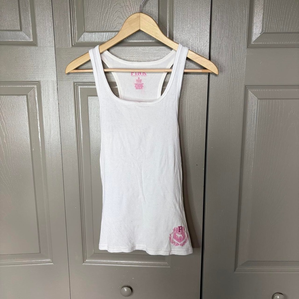 Victoria's Secret PINK White Ribbed Racerback Tank Top Y2K Graphic Logo Small